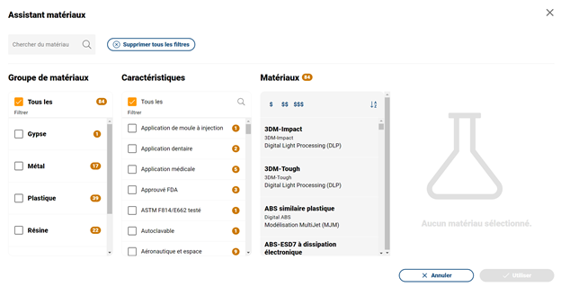 assistant matériaux sélection