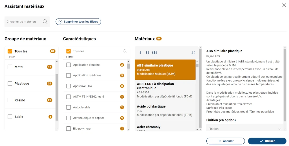 impression 3D en ligne assistant materiaux